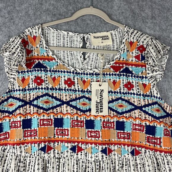 Savanna Jane Embroidered Top Womens 2X Geometric Babydoll Aztec Boho Tribal NEW - Picture 2 of 13